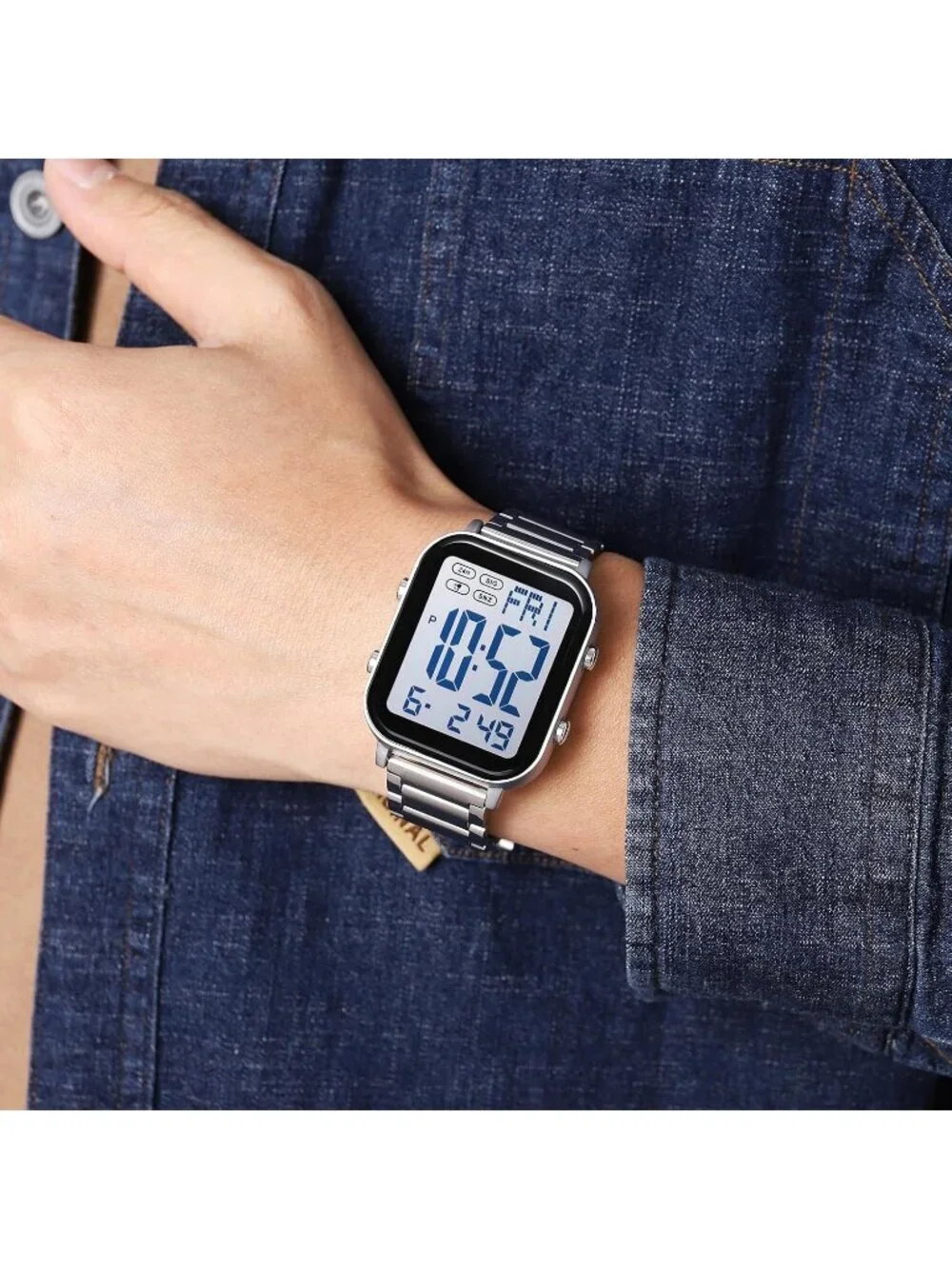 Unisex Silver Analog Stainless Steel Waterproof Electronic Square Digital Watch